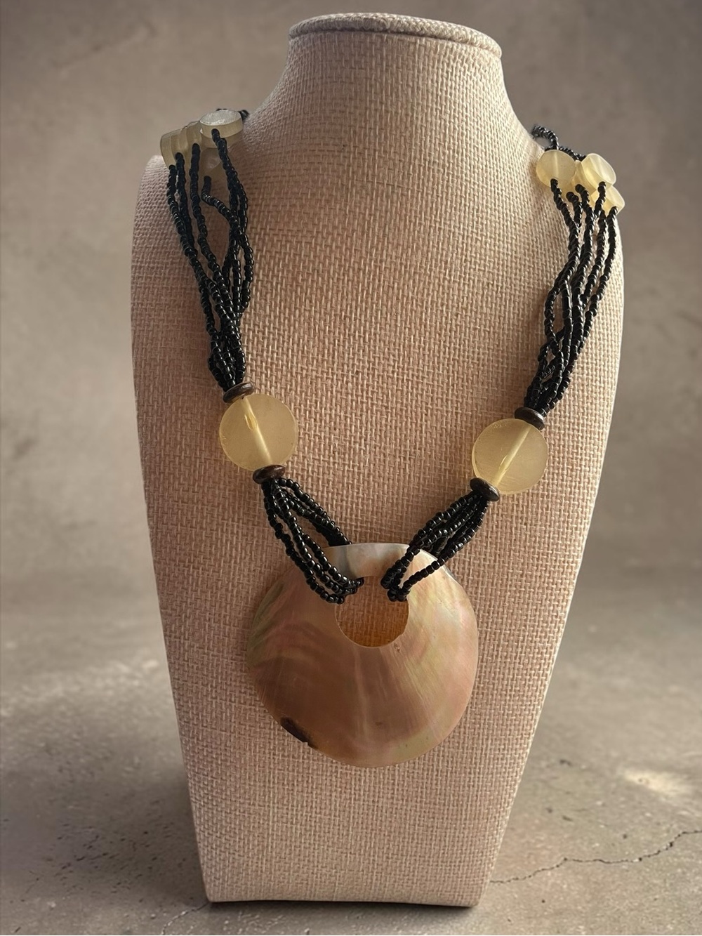 Artisan MOP Shell Pendant Black Seed Bead Sea Glass Necklace